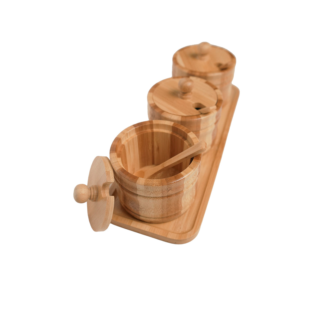 Holz Gewürzbehälter Set mit Deckel & Löffeln (inkl. Tablett)