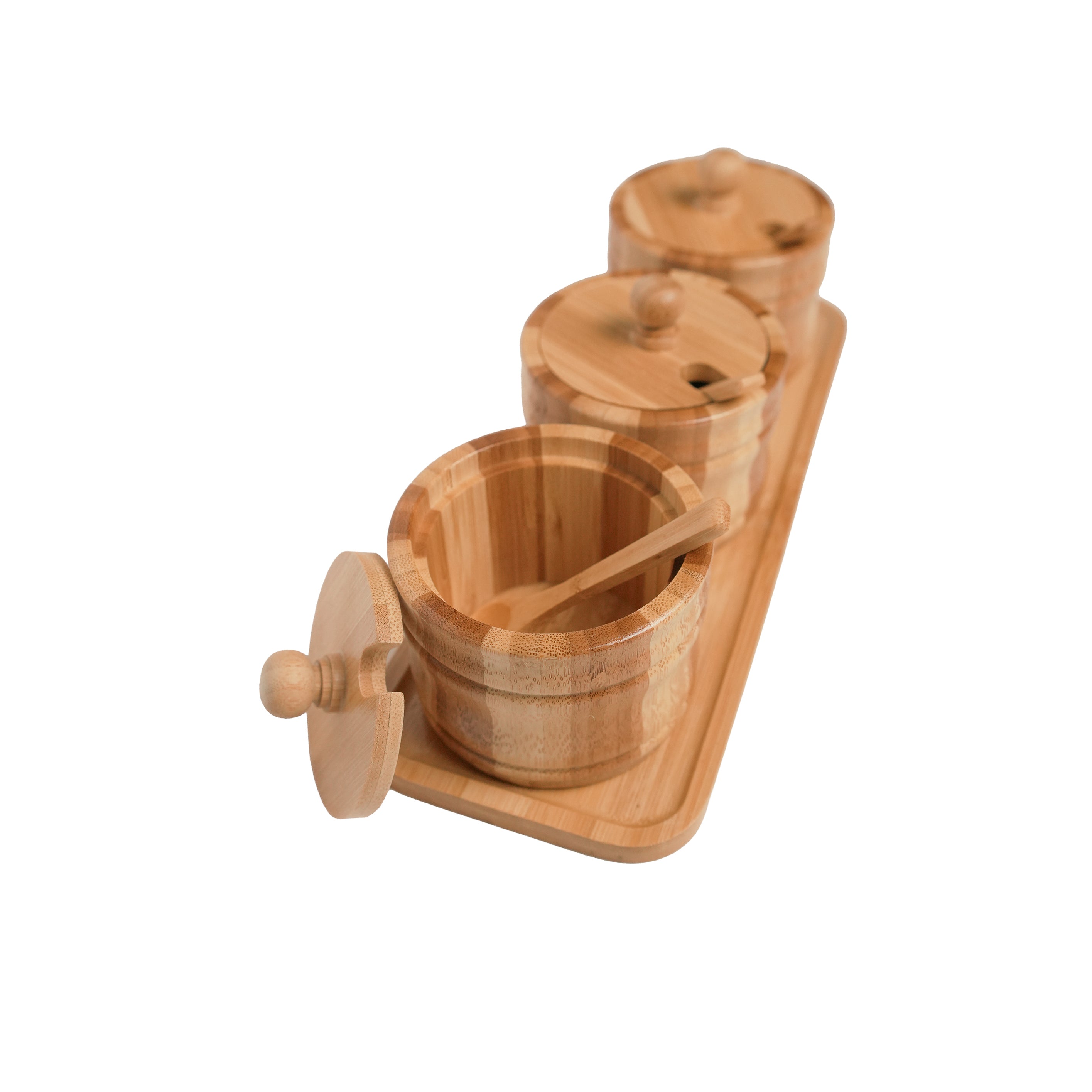 Holz Gewürzbehälter Set mit Deckel & Löffeln (inkl. Tablett)